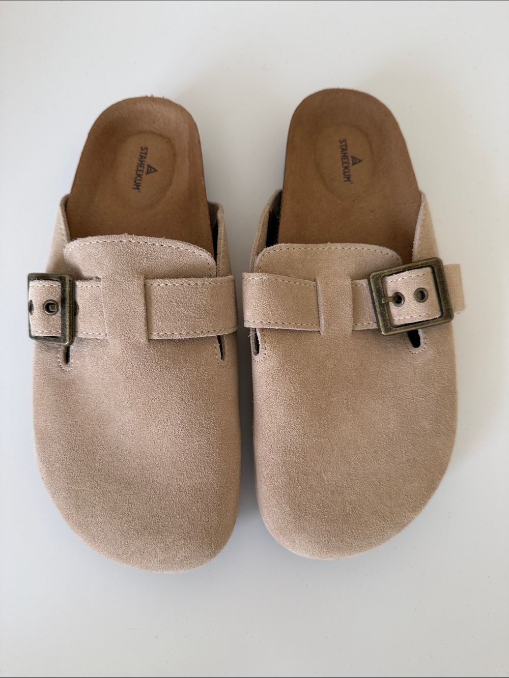 Staccato Suede Beige Buckle Clog Mules